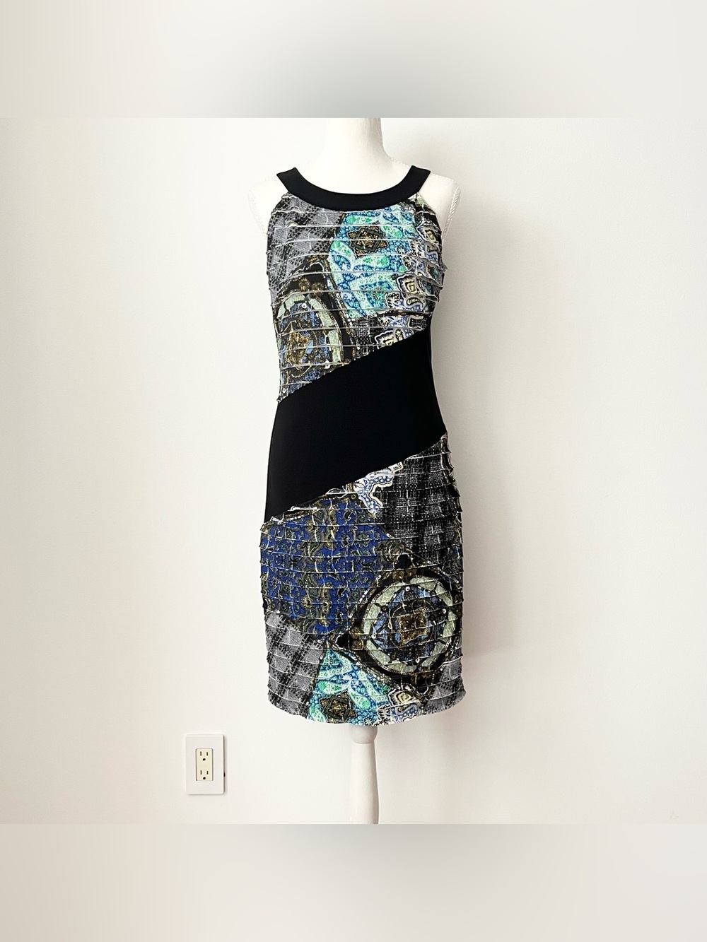 Samuel Dong Little Black Dress LBD Bodycon XS Tier Flutter Blue Print Artsy Sexy